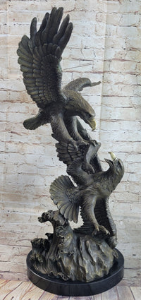 Fighting Eagles Bronze Sculpture Signed Marble Base