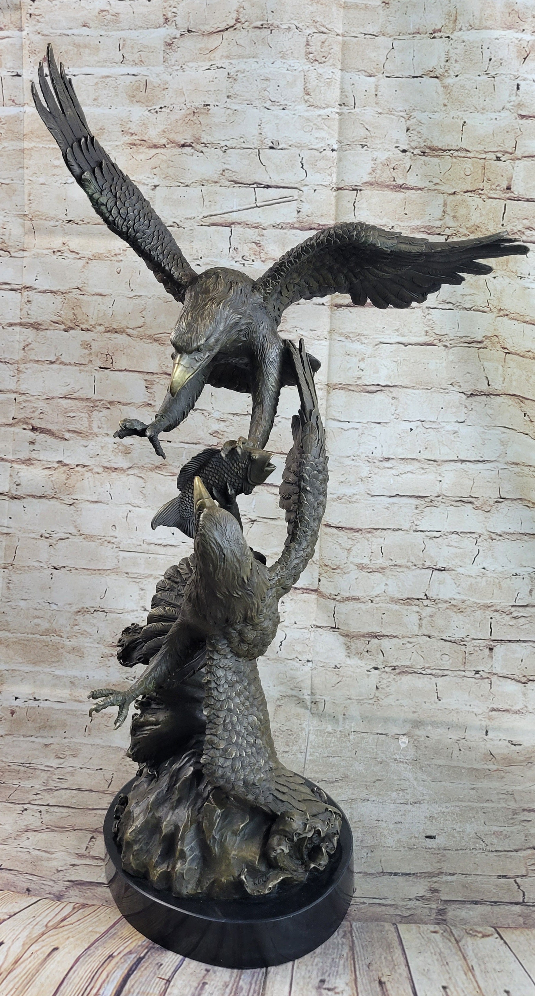 Fighting Eagles Bronze Sculpture Signed Marble Base
