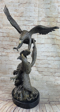 Fighting Eagles Bronze Sculpture Signed Marble Base