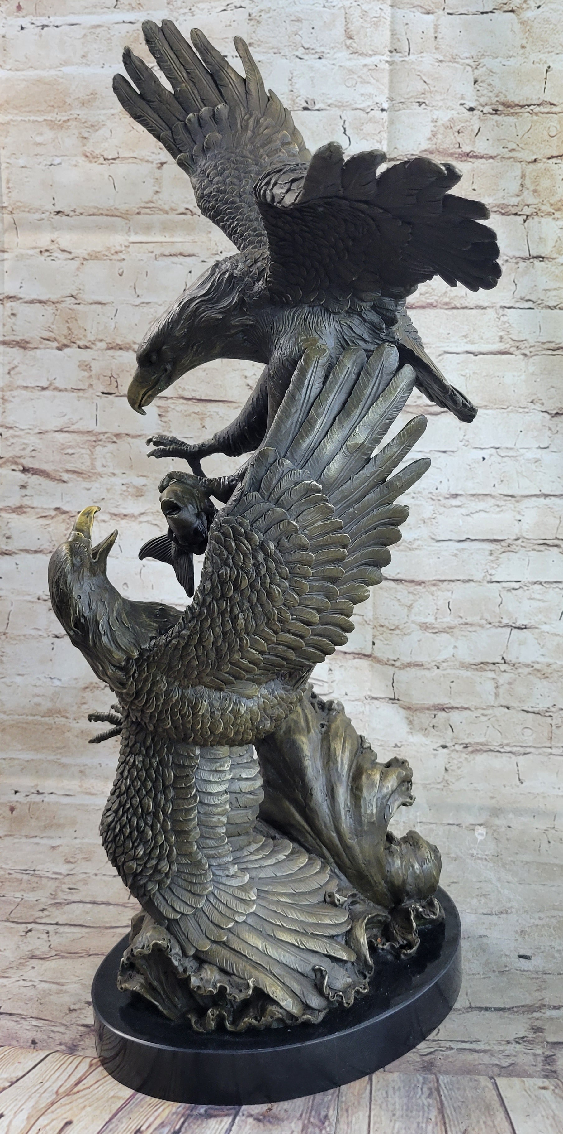 Fighting Eagles Bronze Sculpture Signed Marble Base