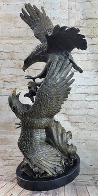 Fighting Eagles Bronze Sculpture Signed Marble Base