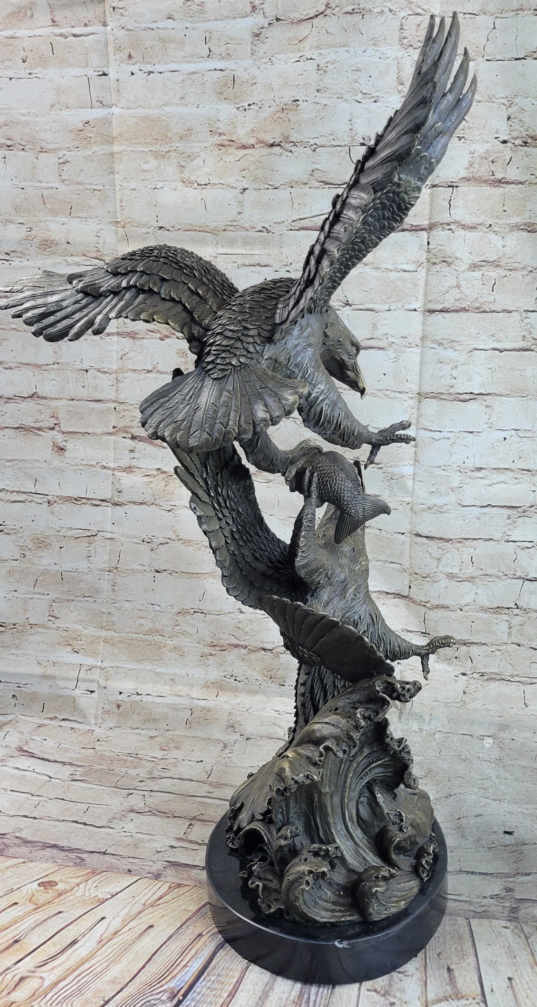 Fighting Eagles Bronze Sculpture Signed Marble Base