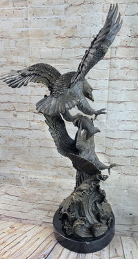 Fighting Eagles Bronze Sculpture Signed Marble Base