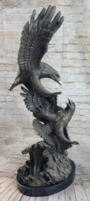 Fighting Eagles Bronze Sculpture Signed Marble Base