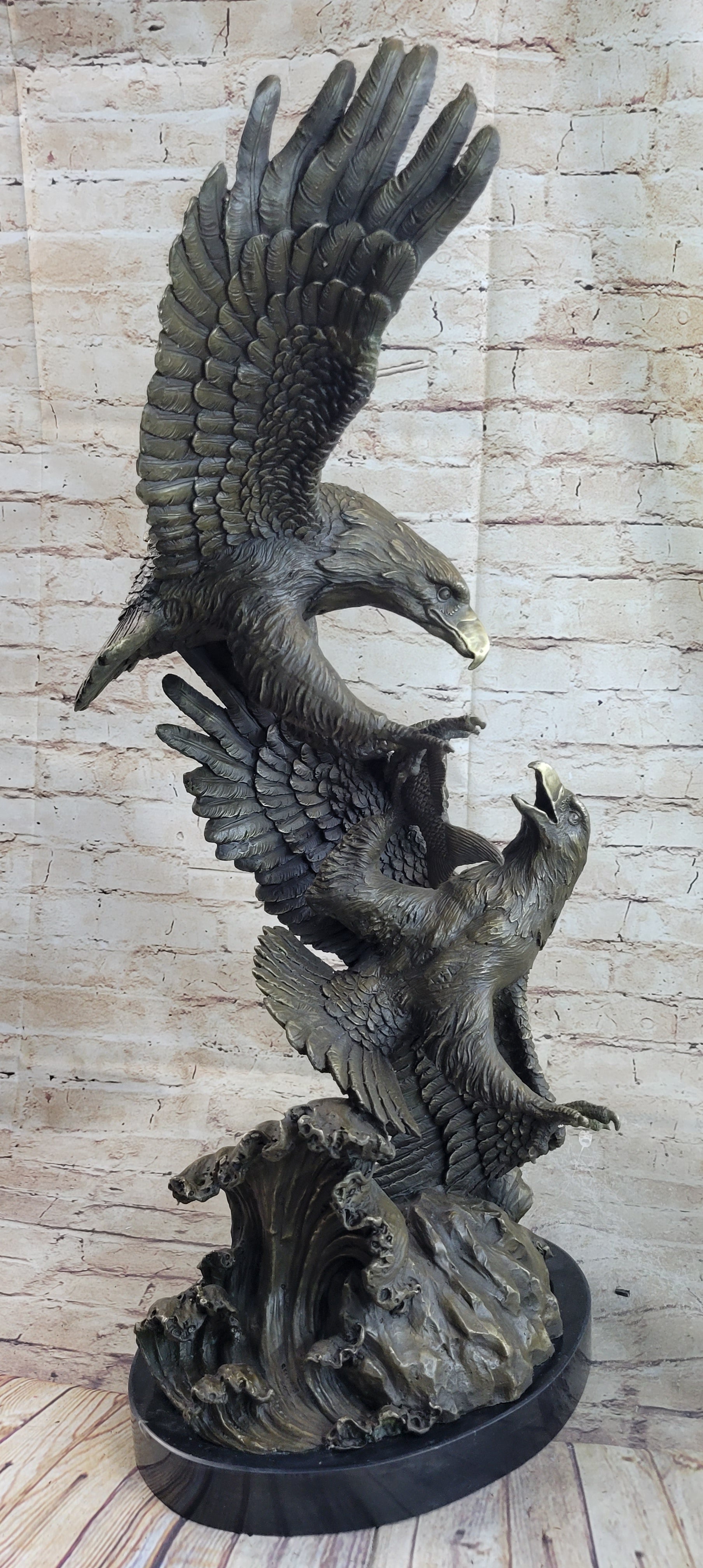 Fighting Eagles Bronze Sculpture Signed Marble Base
