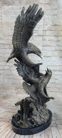 Fighting Eagles Bronze Sculpture Signed Marble Base