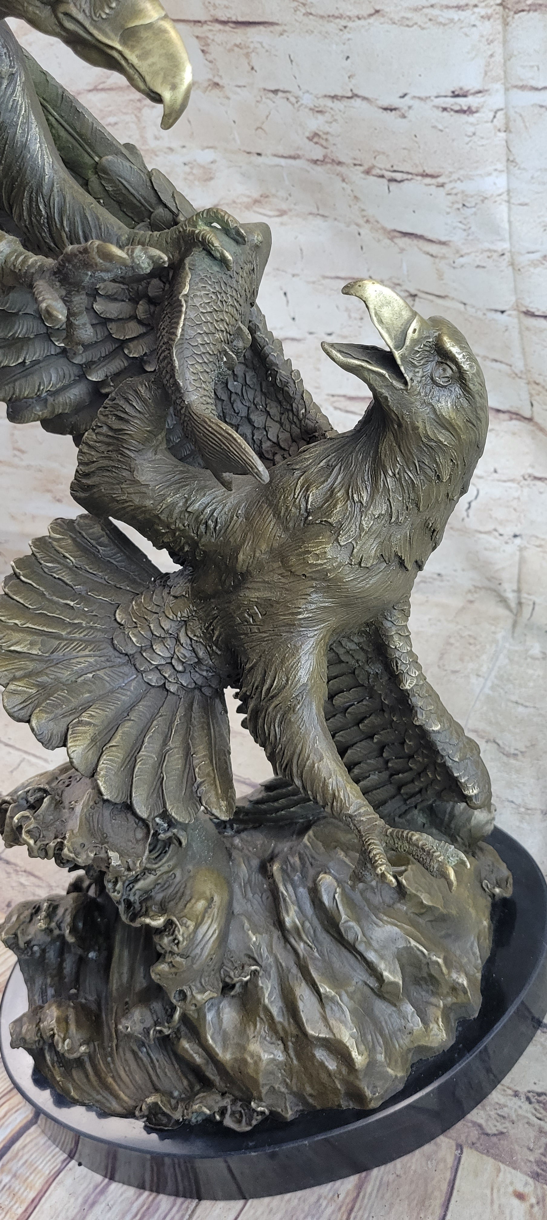 Fighting Eagles Bronze Sculpture Signed Marble Base