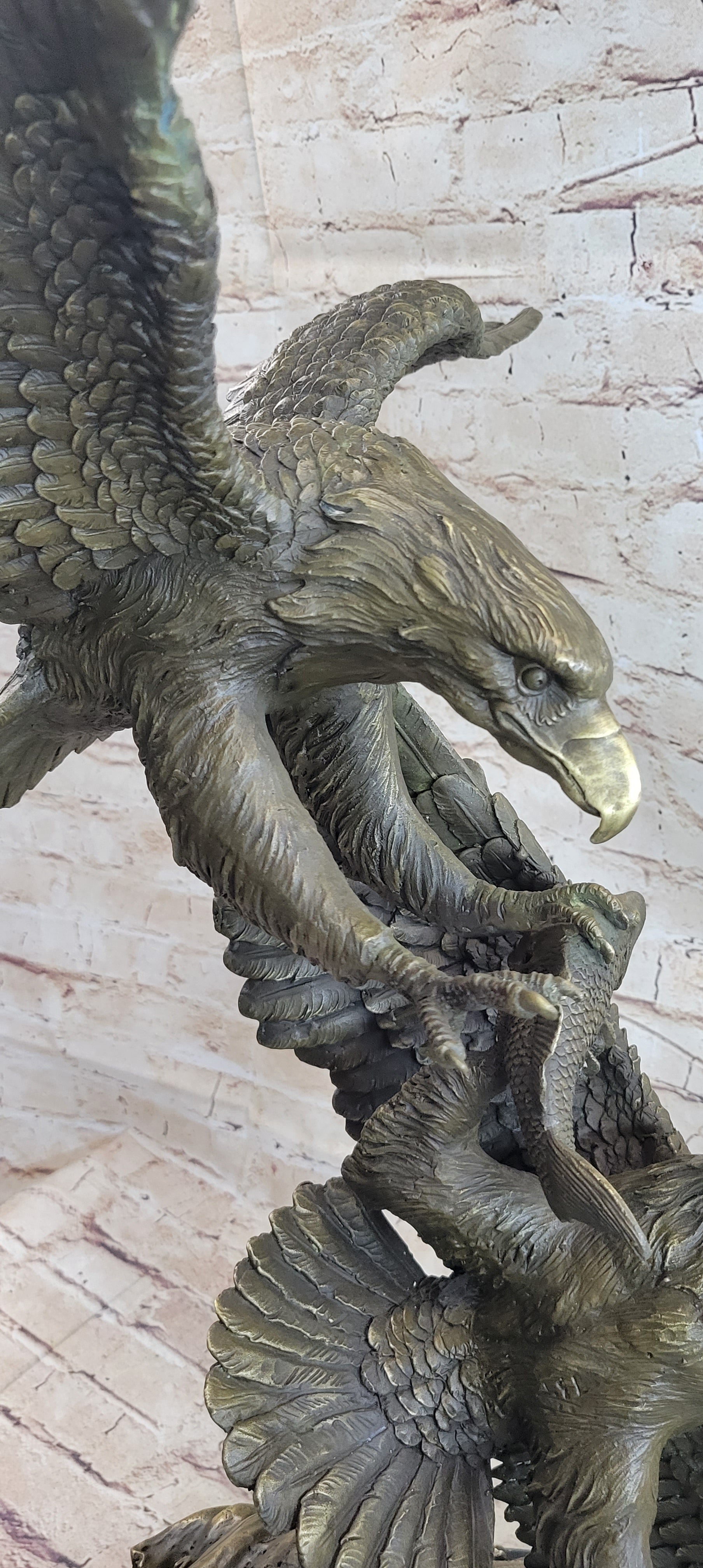 Fighting Eagles Bronze Sculpture Signed Marble Base