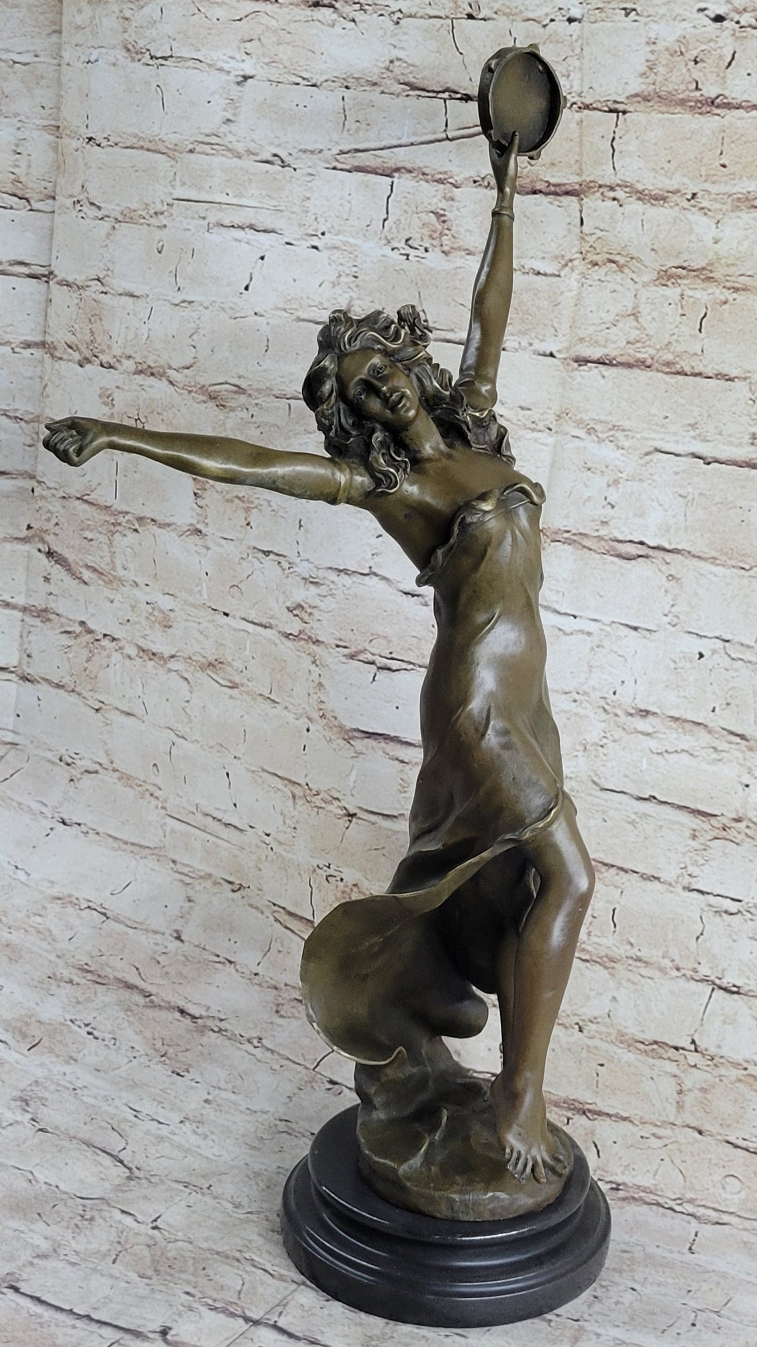 Tambourine Dancer Girl Bronze Sculpture on Marble Base