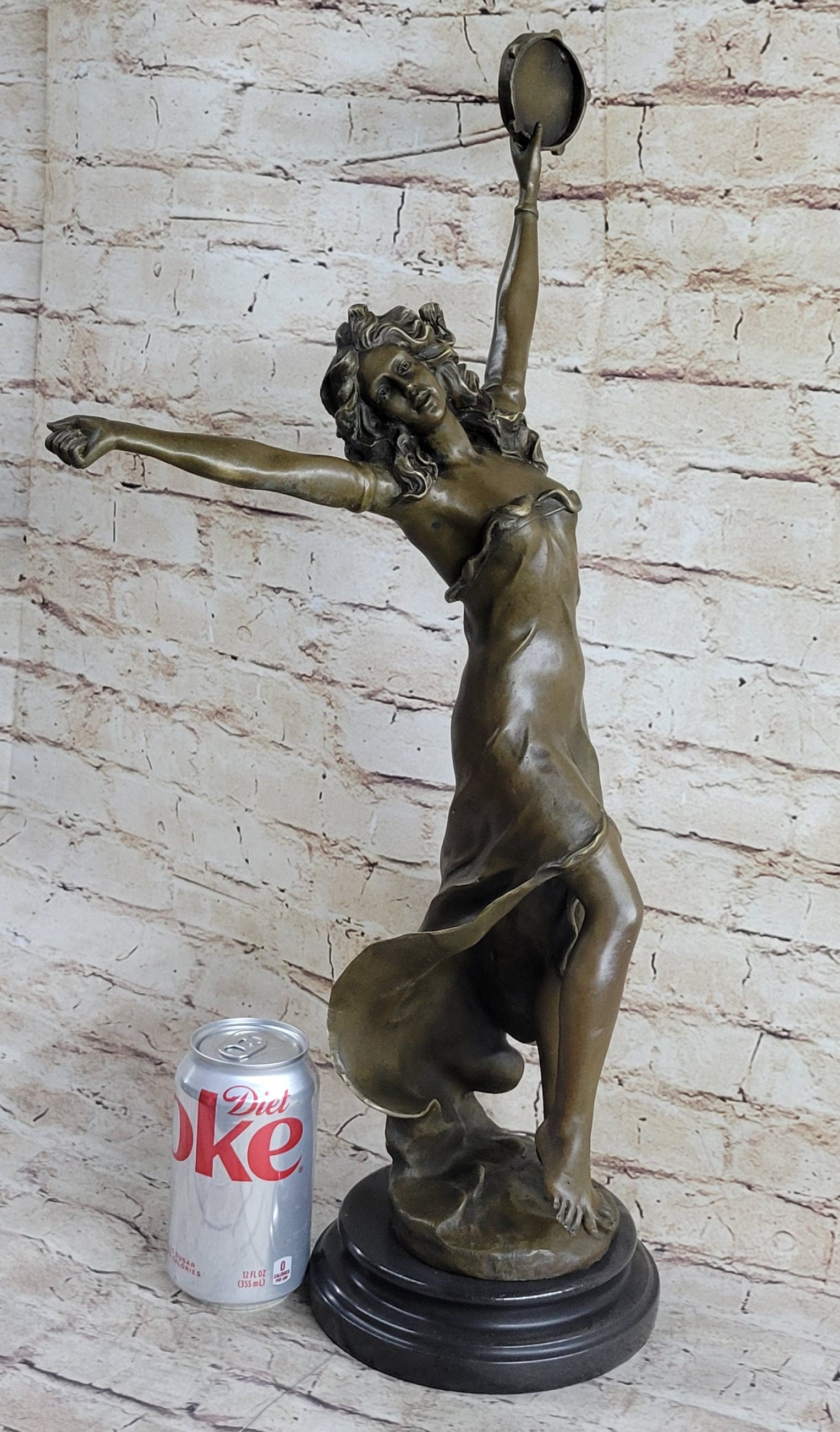 Tambourine Dancer Girl Bronze Sculpture on Marble Base