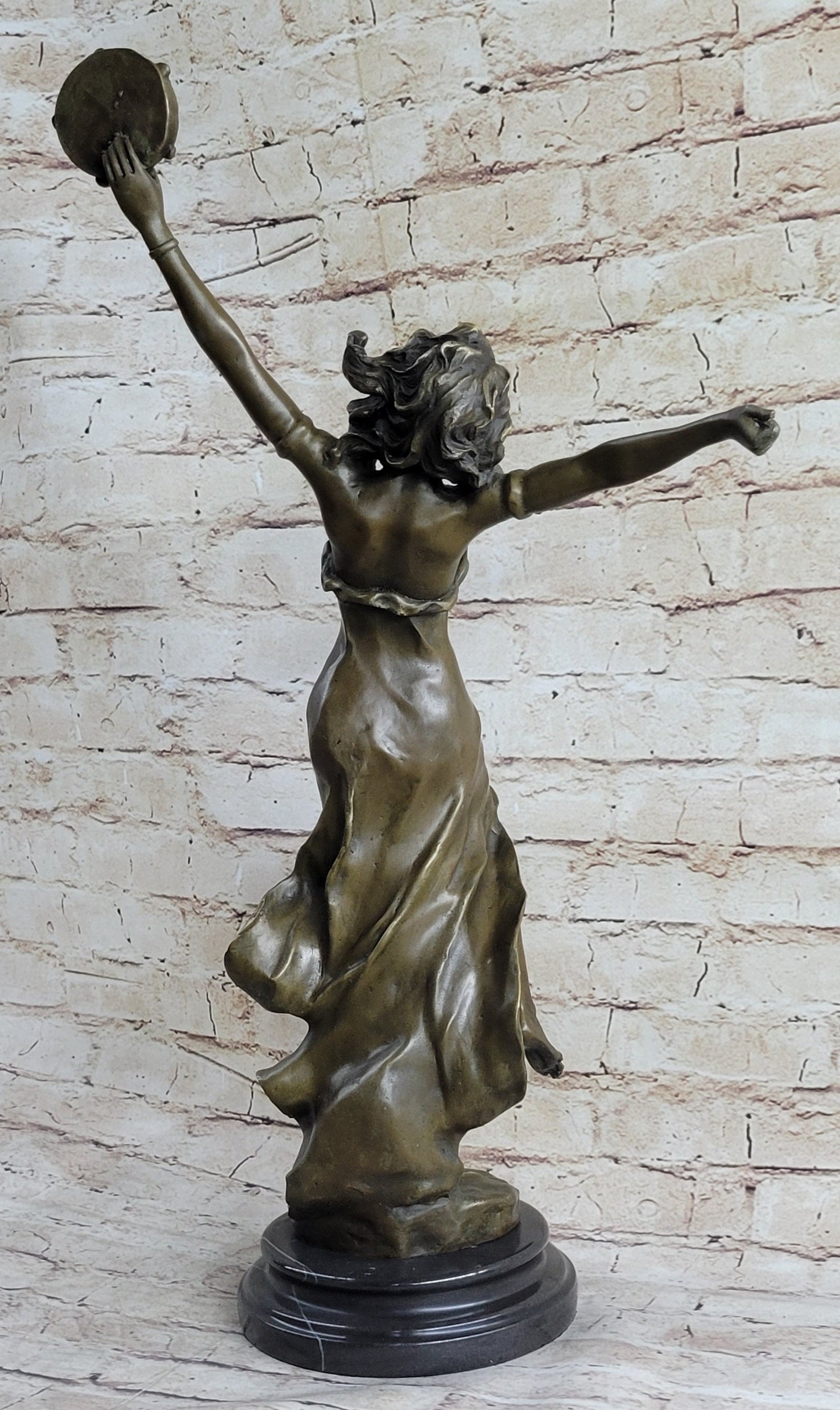Tambourine Dancer Girl Bronze Sculpture on Marble Base