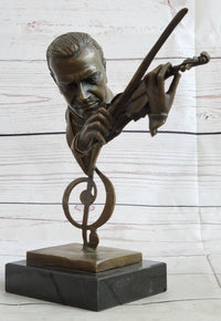 Signed Milo Abstract Man Playing Violin Bronze Bust Marble Base
