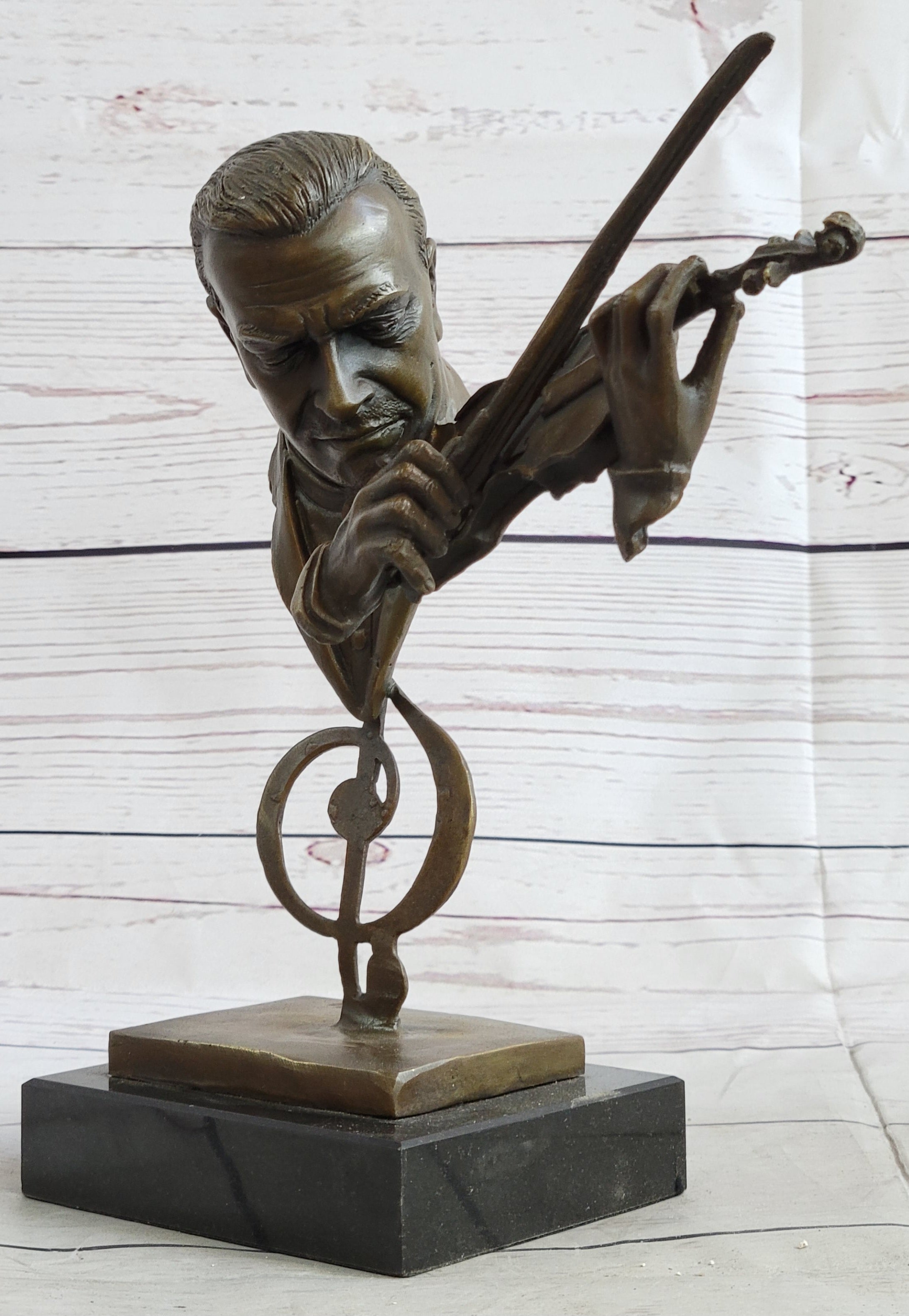 Signed Milo Abstract Man Playing Violin Bronze Bust Marble Base