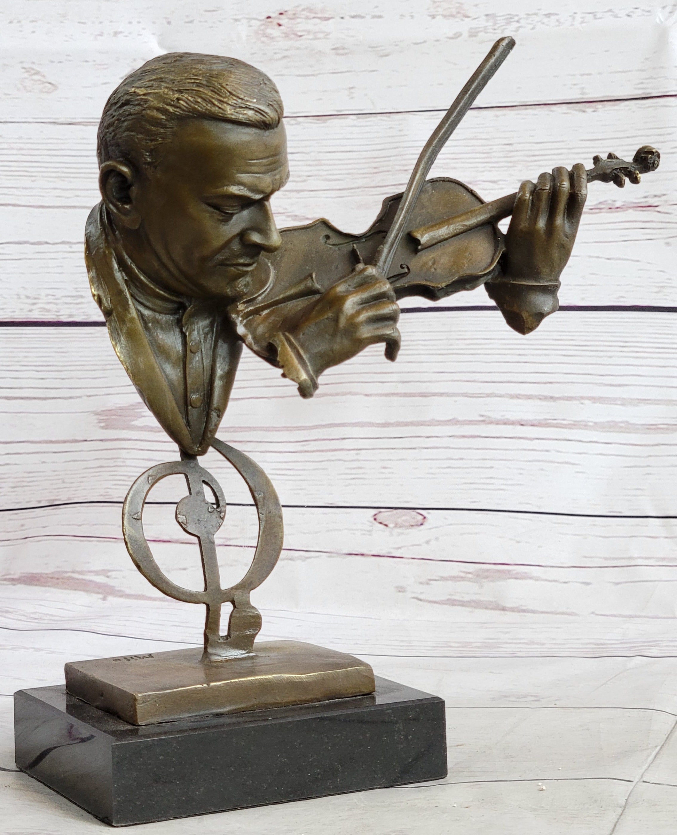 Signed Milo Abstract Man Playing Violin Bronze Bust Marble Base