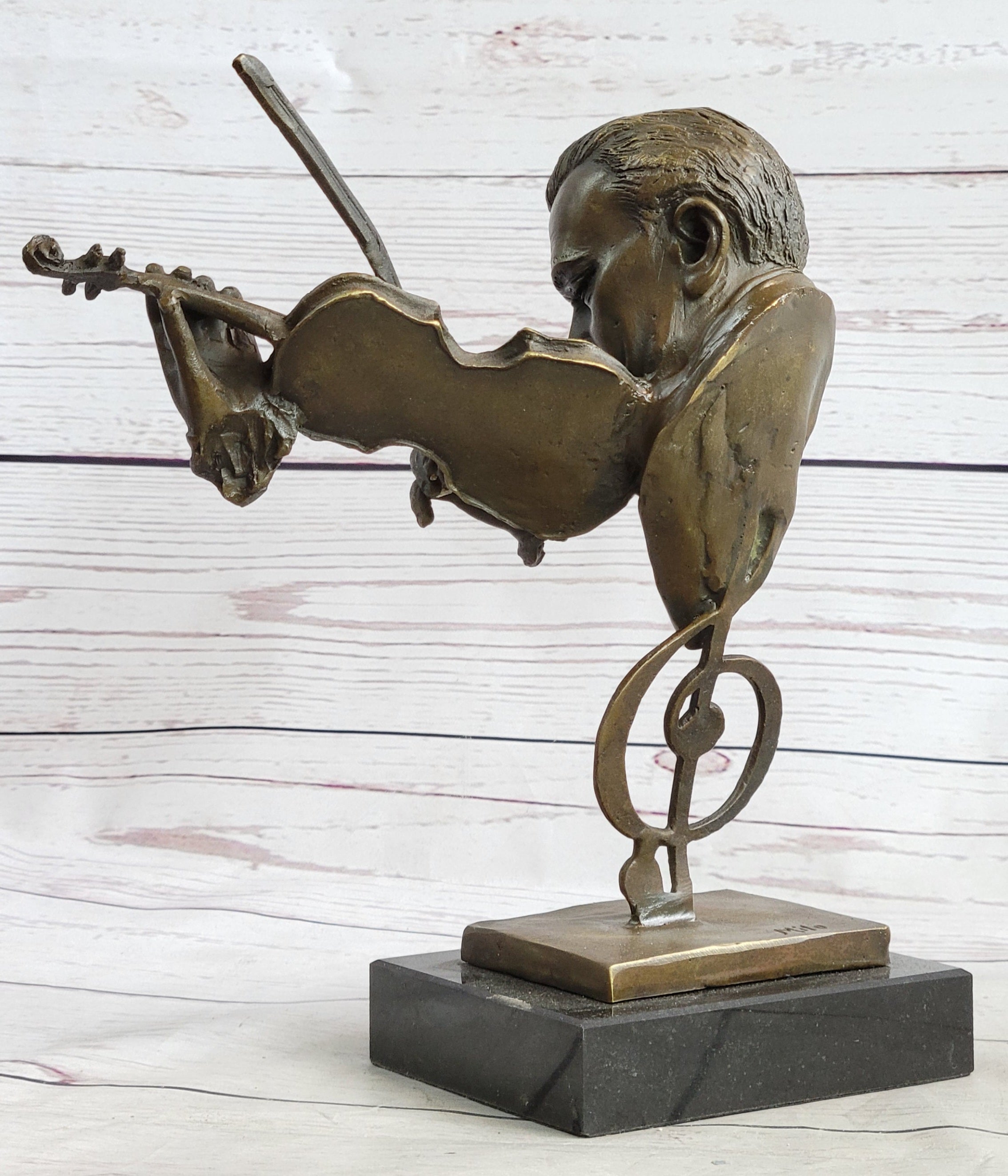 Signed Milo Abstract Man Playing Violin Bronze Bust Marble Base