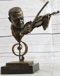Signed Milo Abstract Man Playing Violin Bronze Bust Marble Base