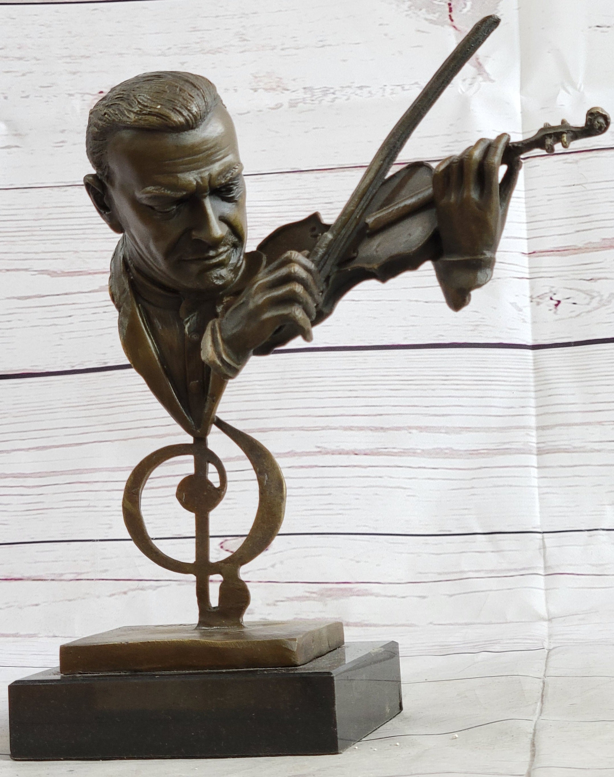 Signed Milo Abstract Man Playing Violin Bronze Bust Marble Base