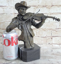 Cowboy Playing Violin Fiddle Music Bronze Sculpture