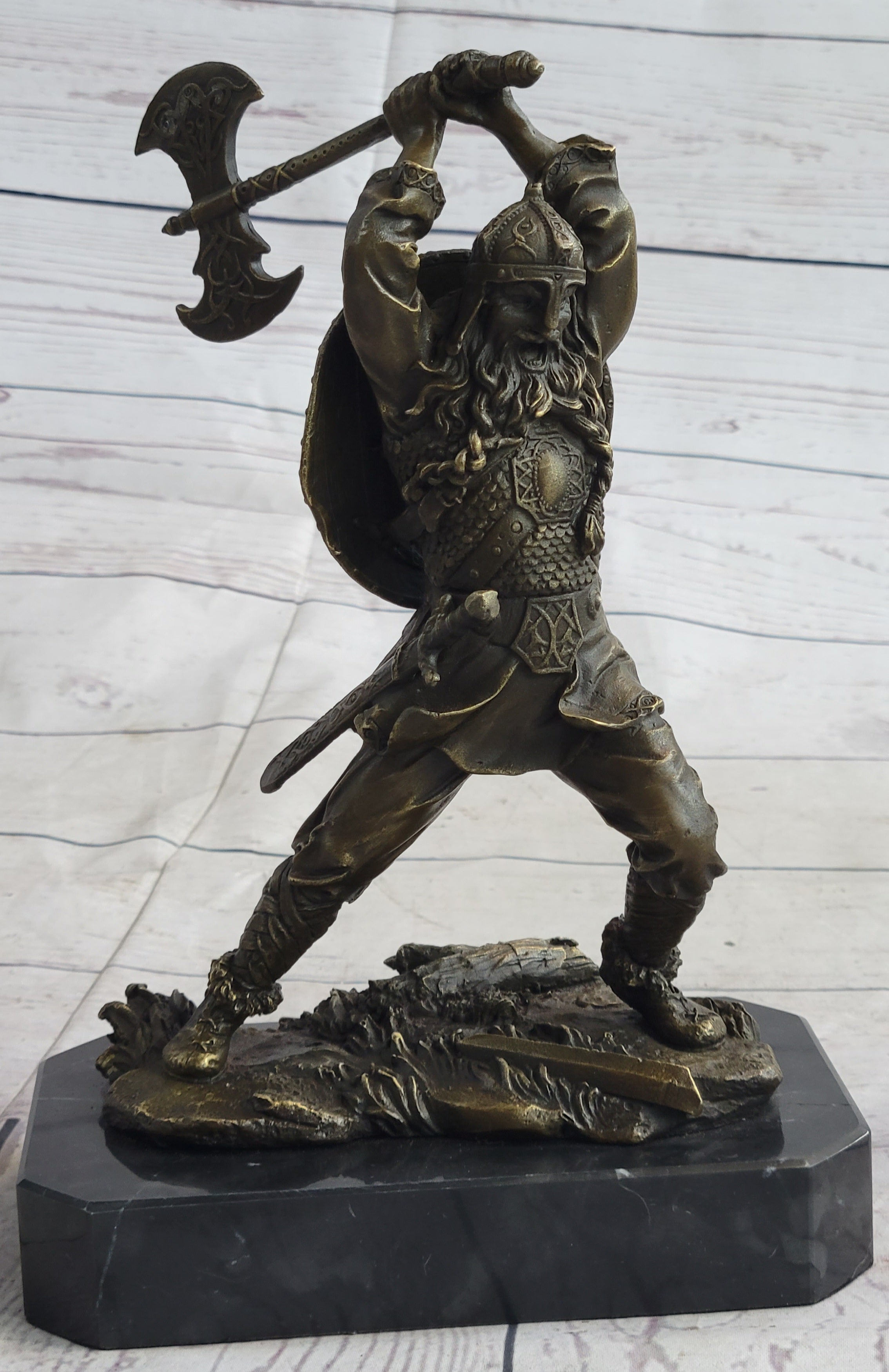 Nordic Viking Norse Warrior w/ Battle Axe Bronze 10" x 7"