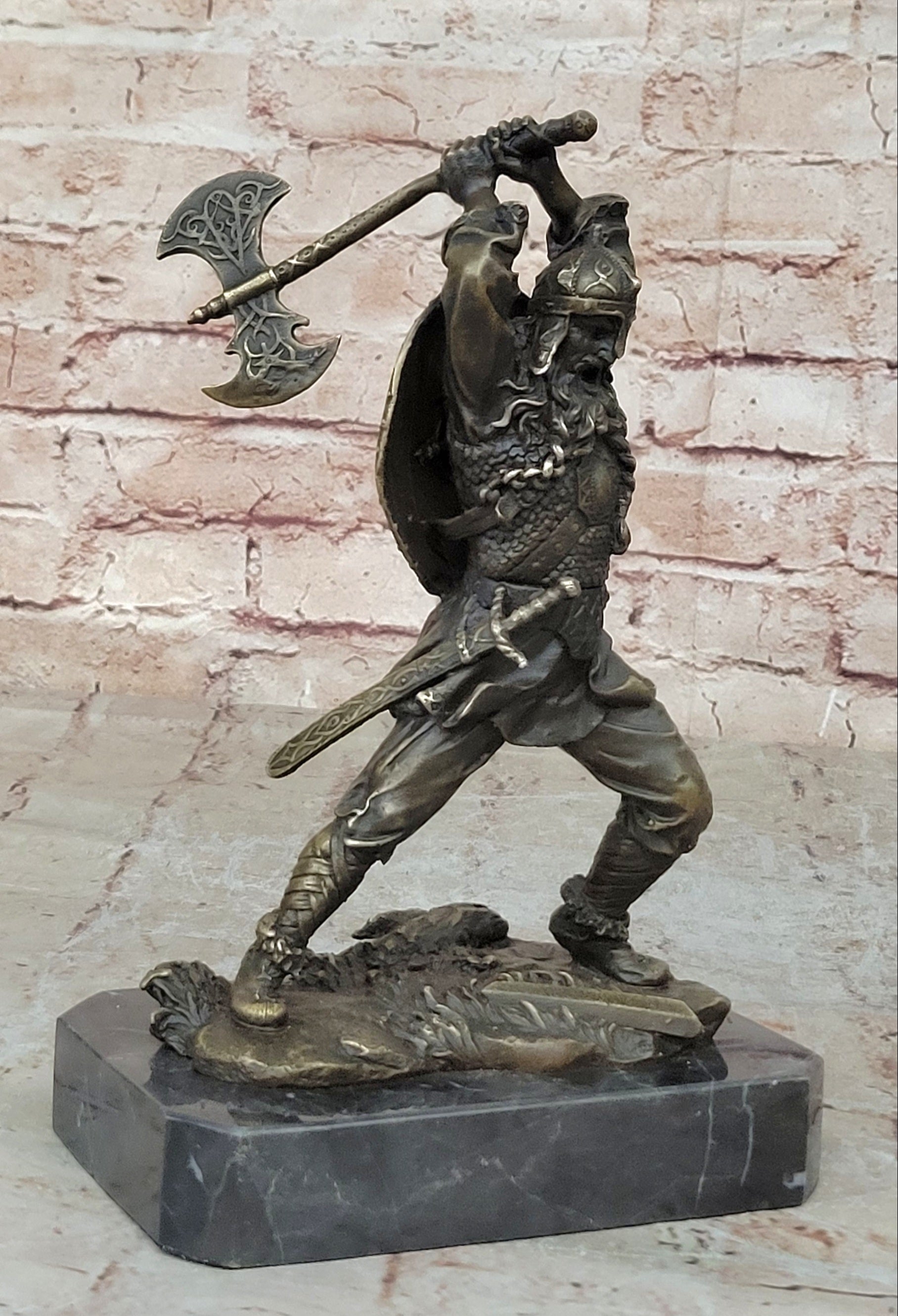 Nordic Viking Norse Warrior w/ Battle Axe Bronze 10" x 7"