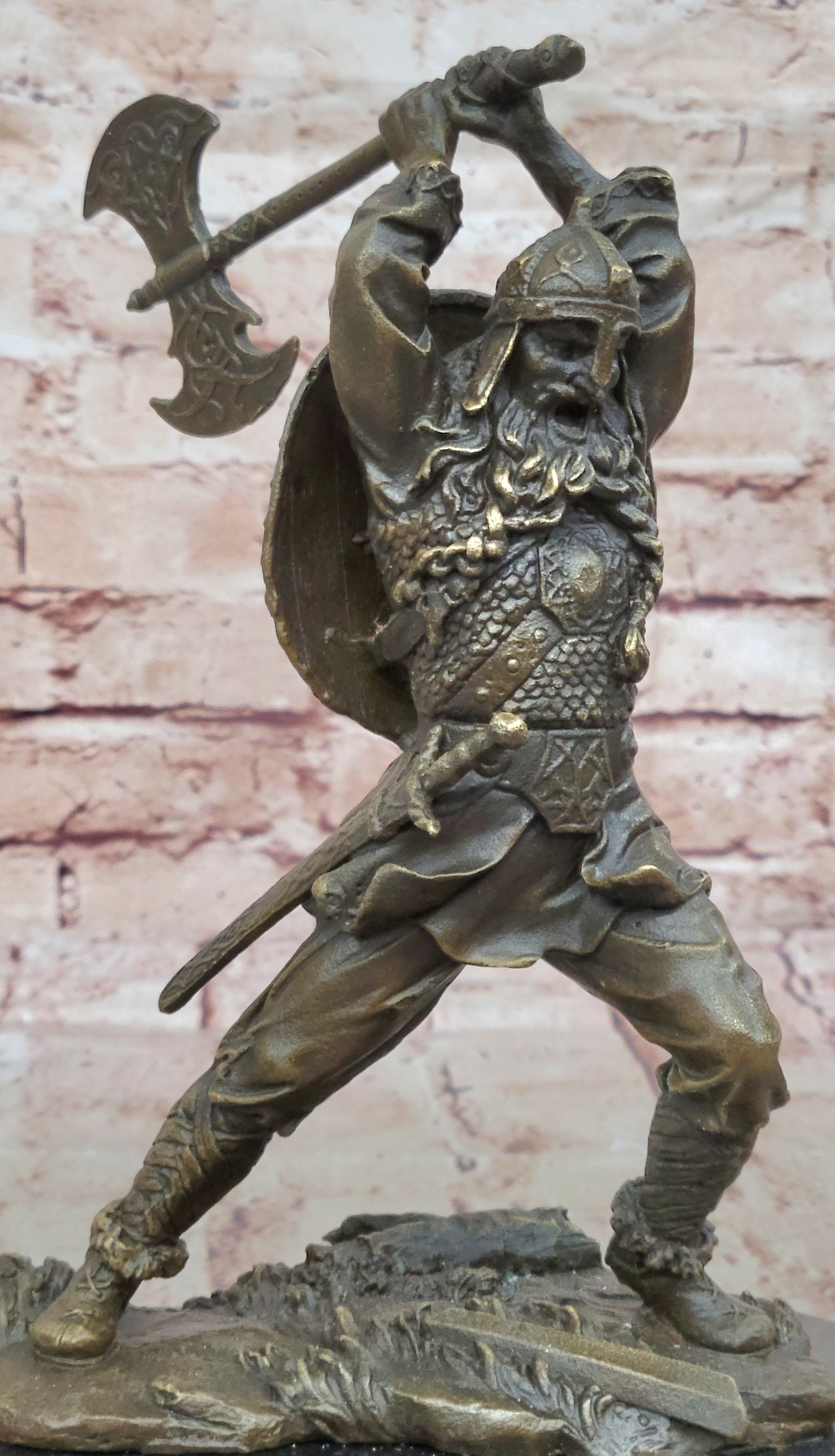 Nordic Viking Norse Warrior w/ Battle Axe Bronze 10" x 7"
