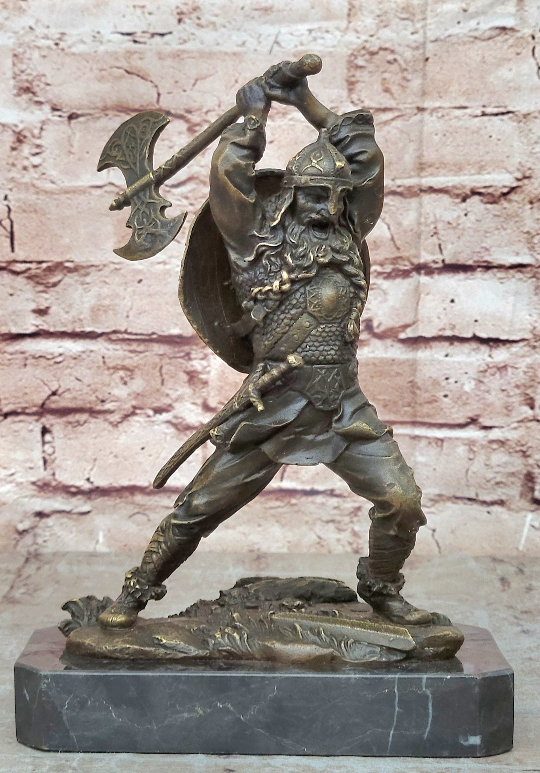 Nordic Viking Norse Warrior w/ Battle Axe Bronze 10" x 7"