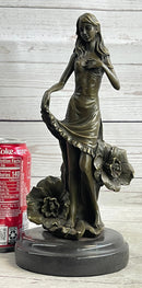 Signed Moreau Lily Girl W/ Flower Bronze Sculpture Art Deco