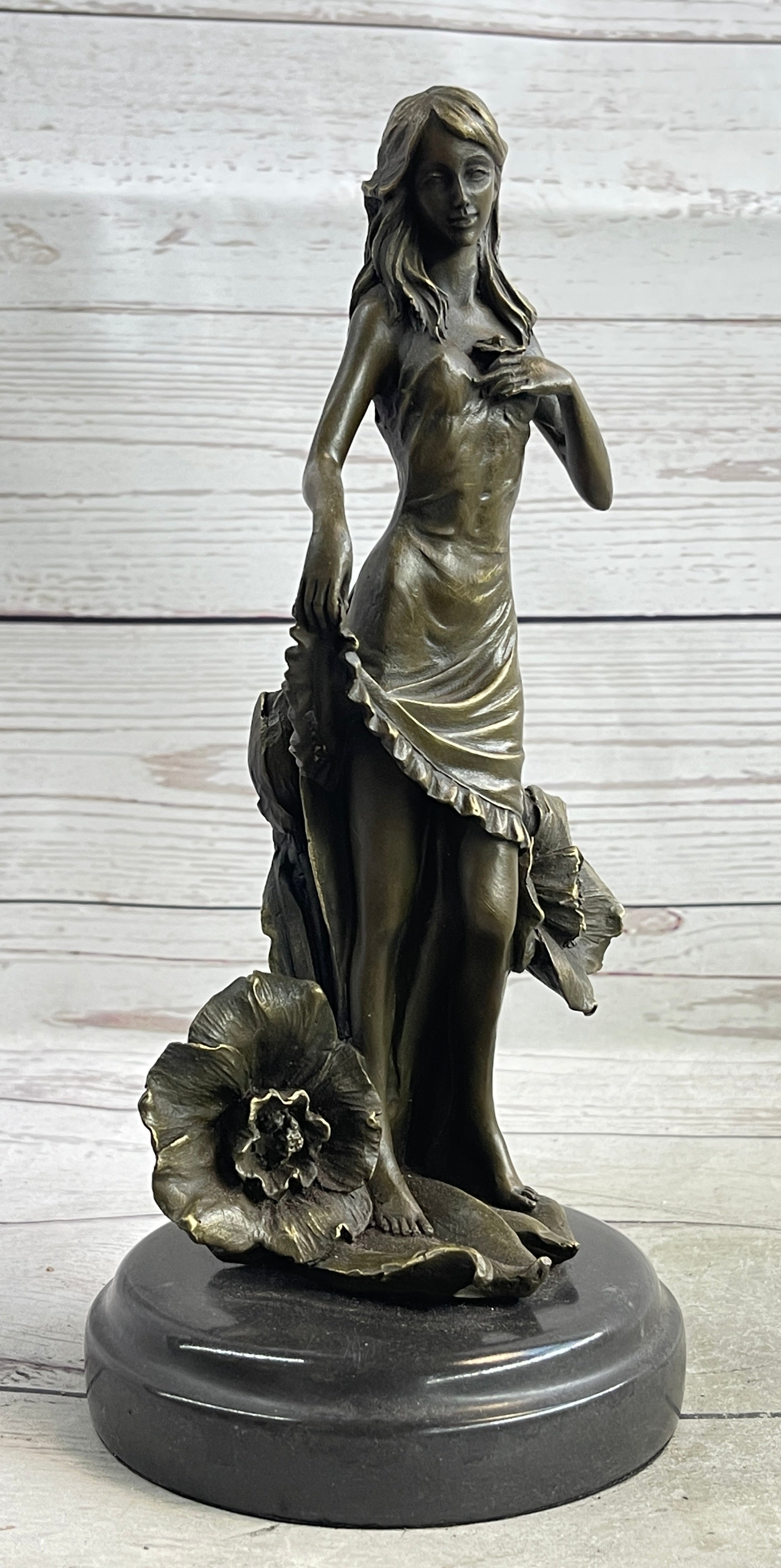 Signed Moreau Lily Girl W/ Flower Bronze Sculpture Art Deco