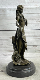 Signed Moreau Lily Girl W/ Flower Bronze Sculpture Art Deco