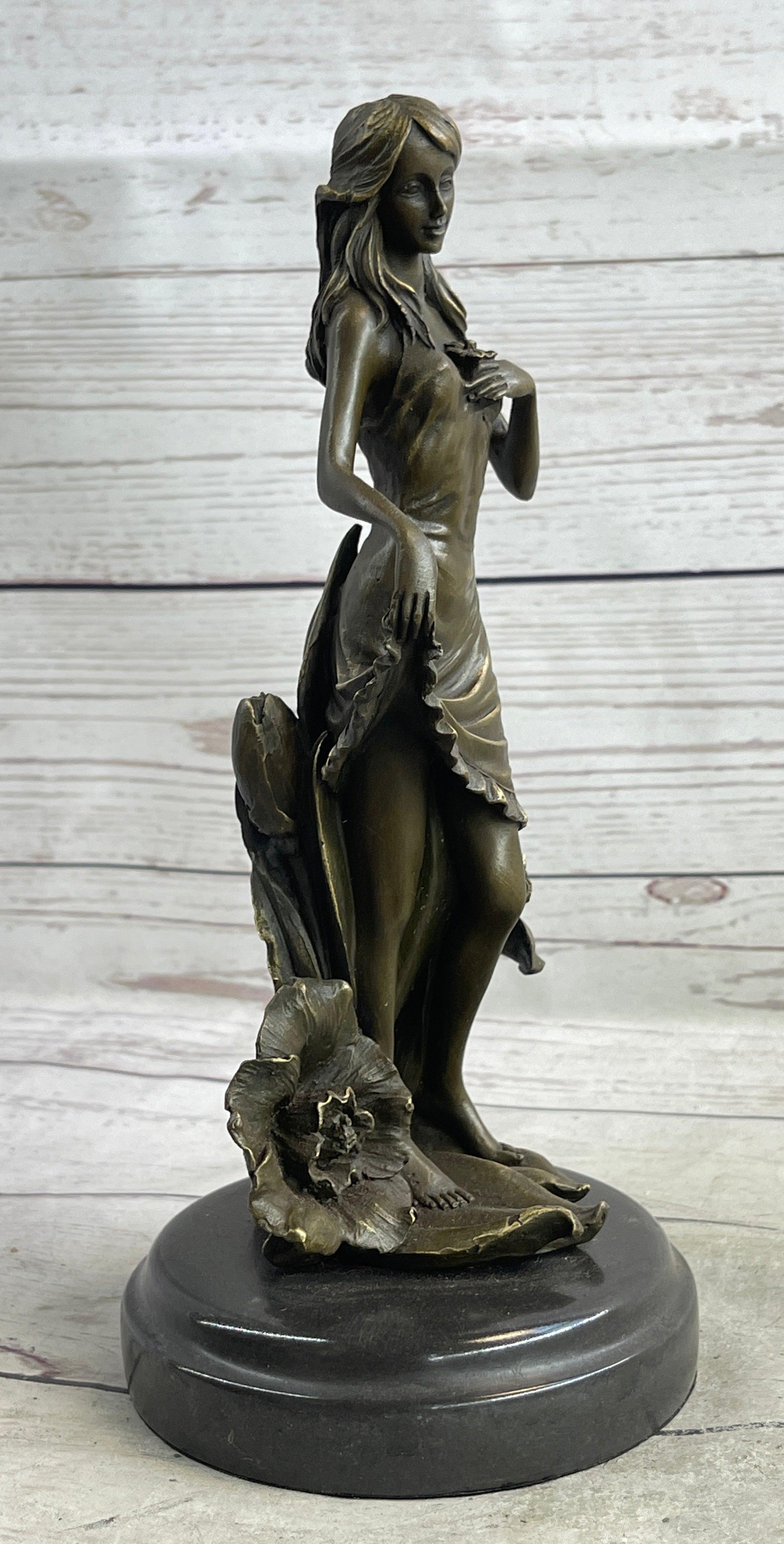 Signed Moreau Lily Girl W/ Flower Bronze Sculpture Art Deco