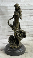 Signed Moreau Lily Girl W/ Flower Bronze Sculpture Art Deco