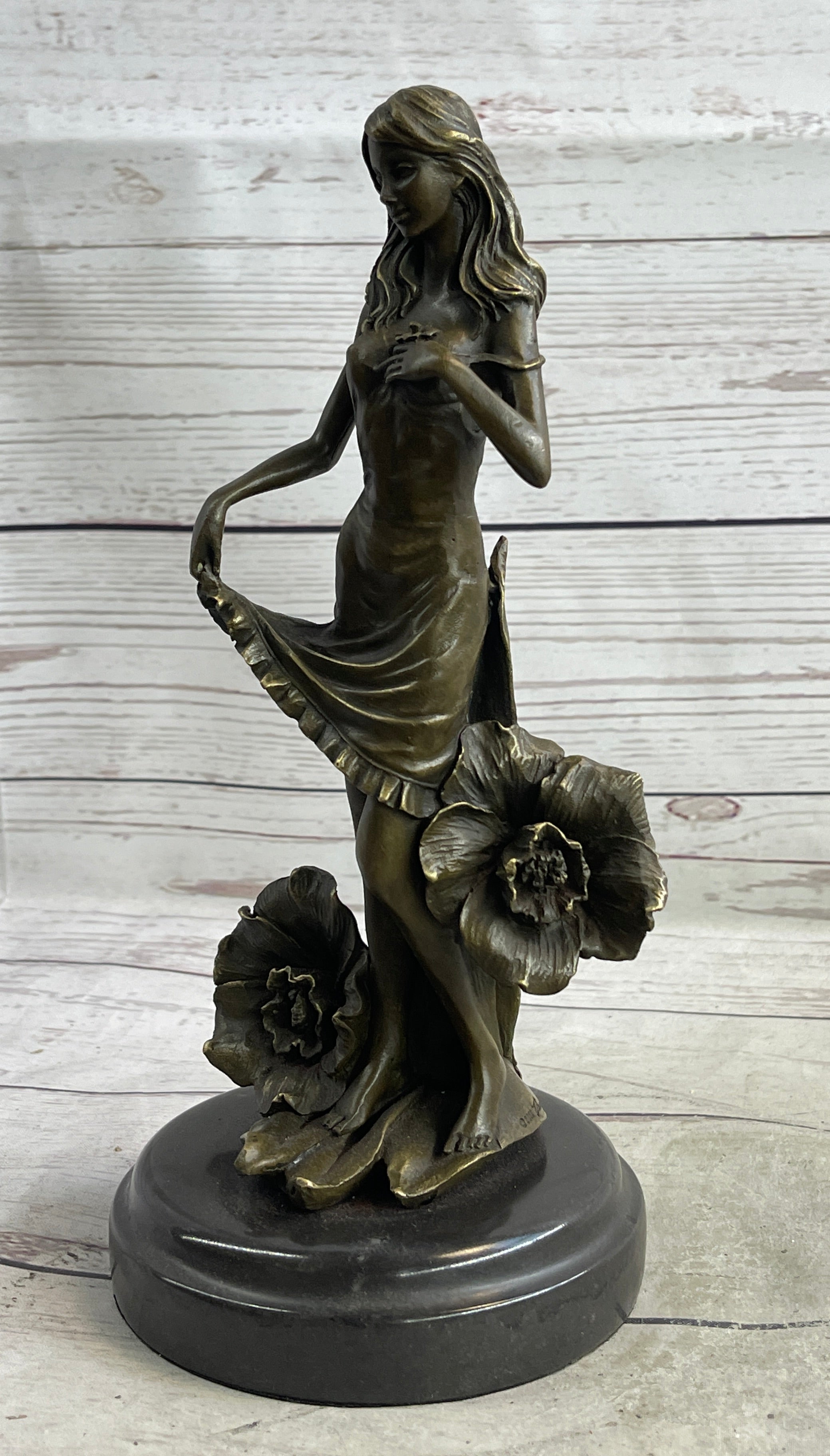 Signed Moreau Lily Girl W/ Flower Bronze Sculpture Art Deco
