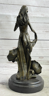Signed Moreau Lily Girl W/ Flower Bronze Sculpture Art Deco