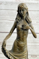 Signed Moreau Lily Girl W/ Flower Bronze Sculpture Art Deco
