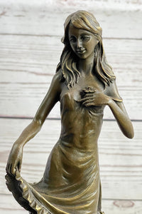 Signed Moreau Lily Girl W/ Flower Bronze Sculpture Art Deco