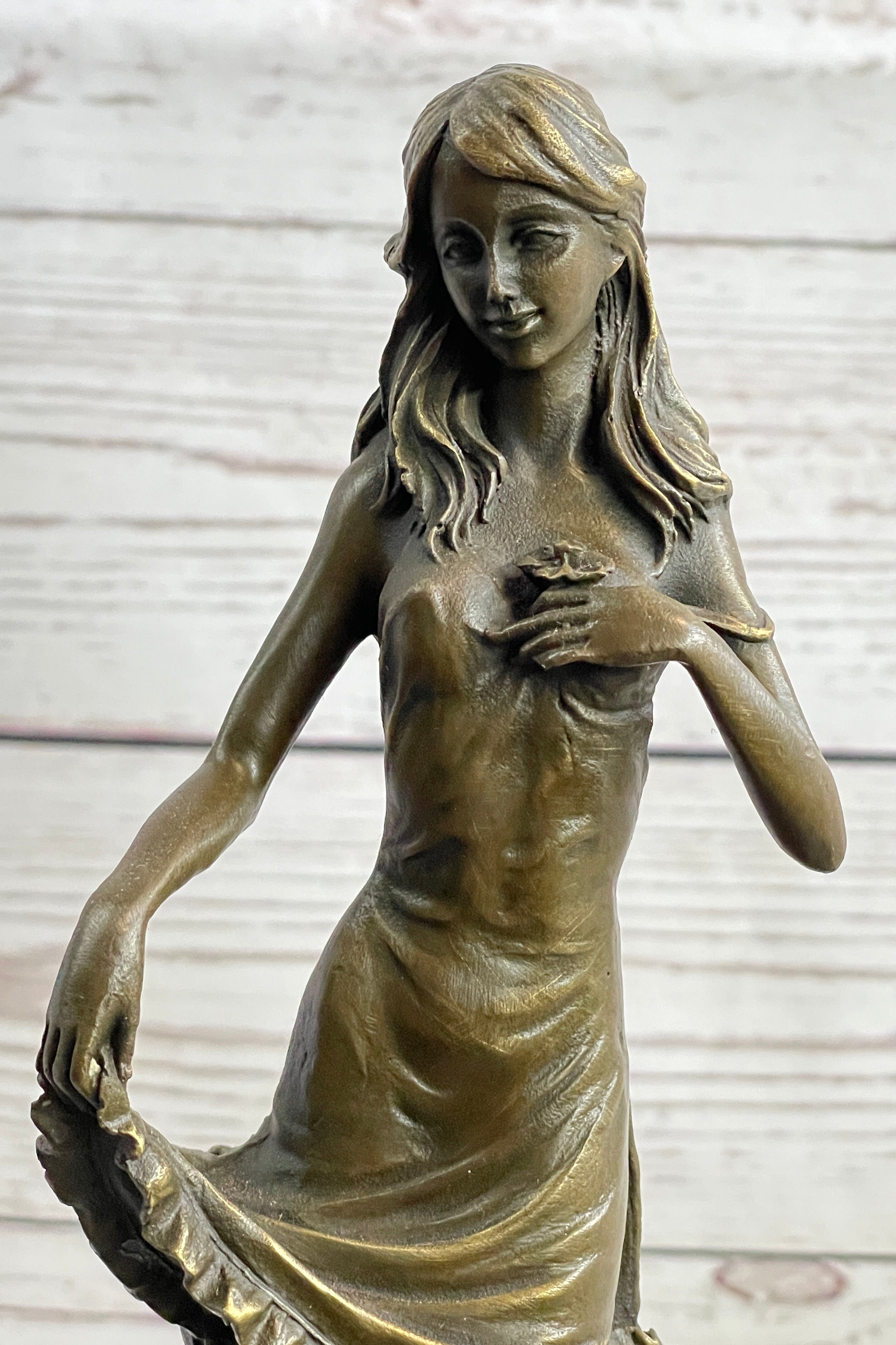 Signed Moreau Lily Girl W/ Flower Bronze Sculpture Art Deco