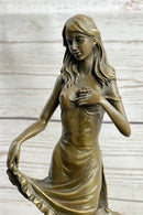Signed Moreau Lily Girl W/ Flower Bronze Sculpture Art Deco