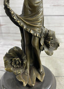 Signed Moreau Lily Girl W/ Flower Bronze Sculpture Art Deco