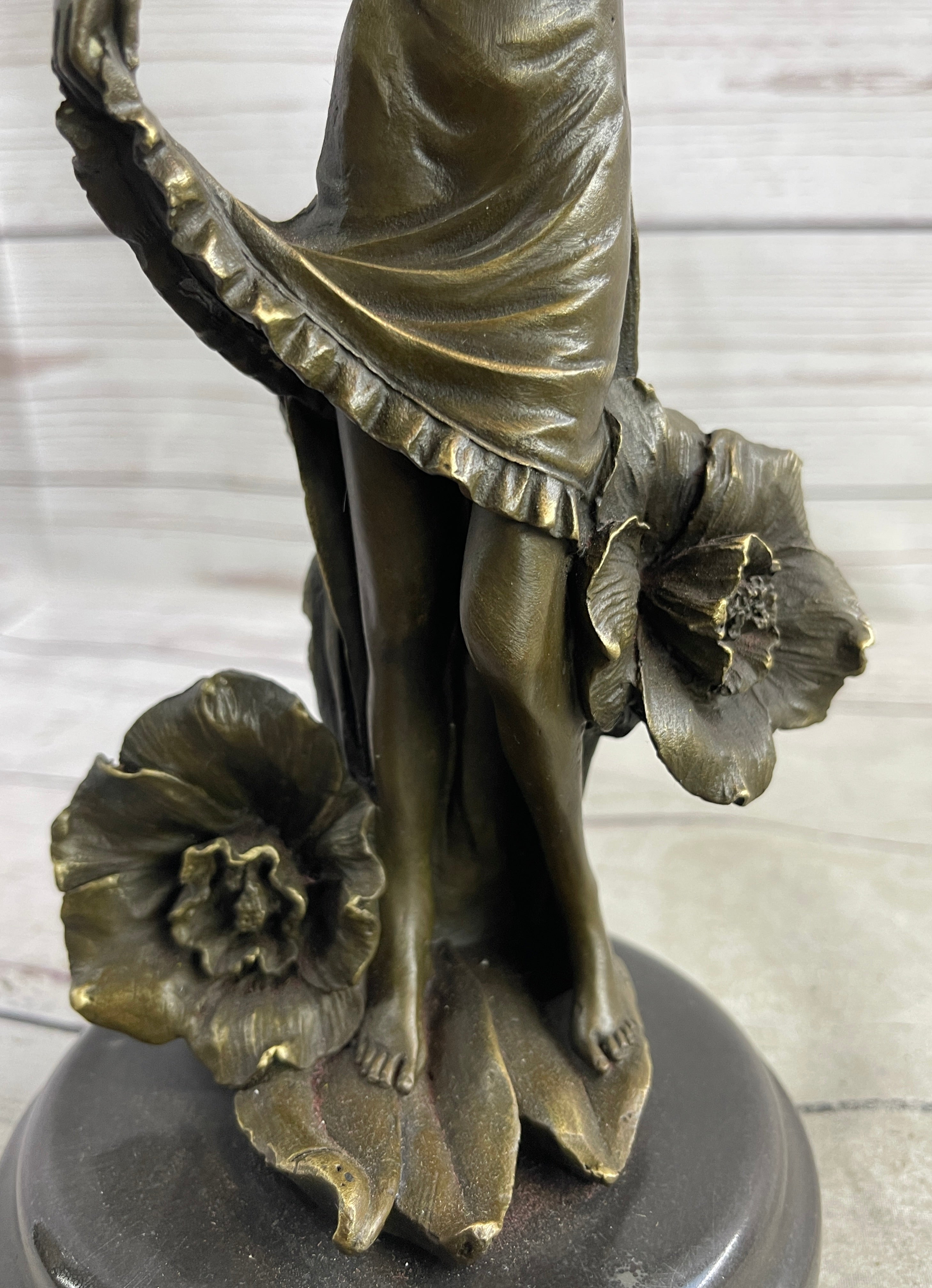 Signed Moreau Lily Girl W/ Flower Bronze Sculpture Art Deco