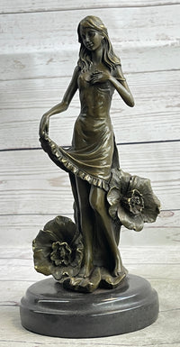 Signed Moreau Lily Girl W/ Flower Bronze Sculpture Art Deco