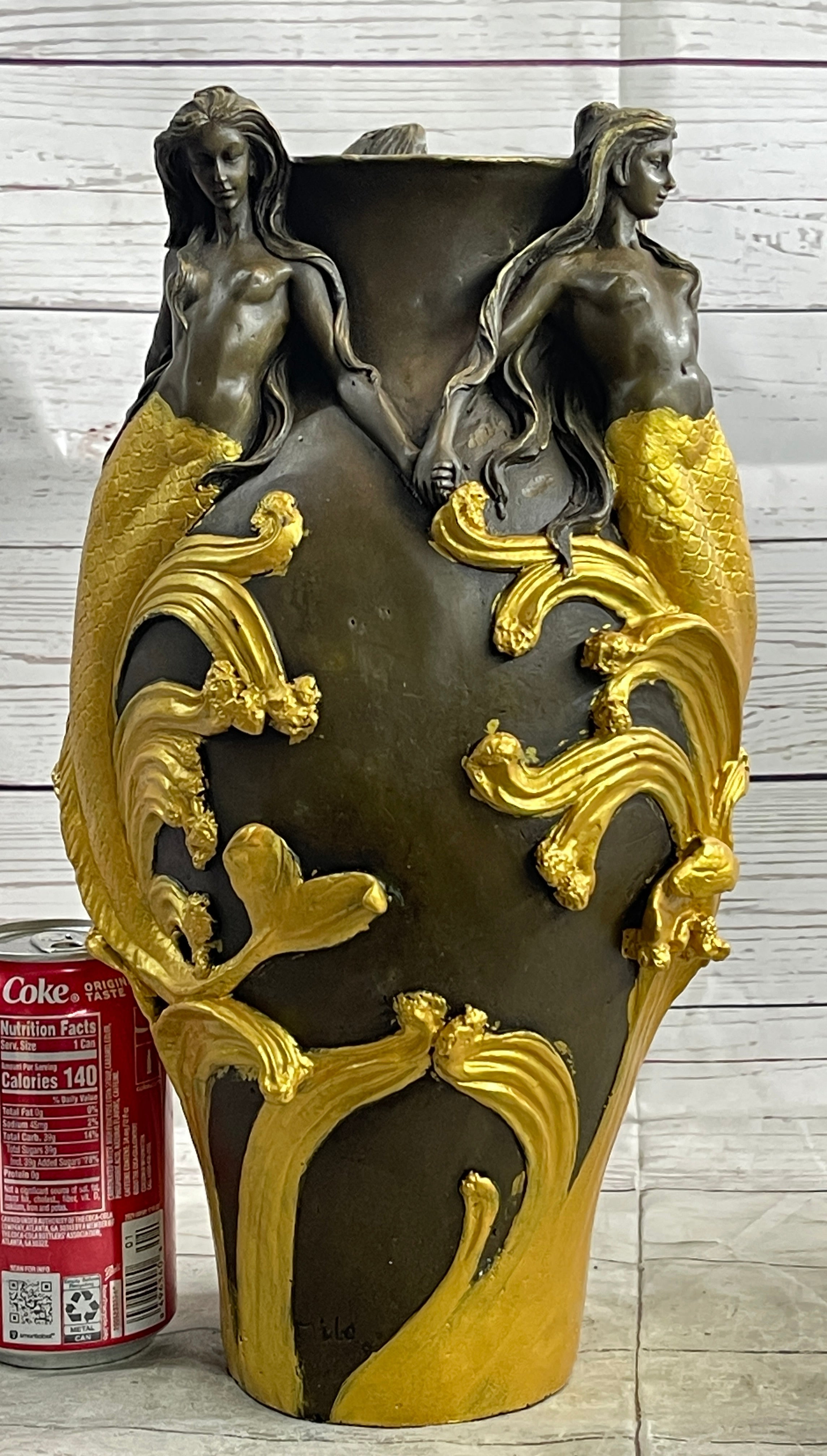 Nude Mermaid Figures on Vase Urn Sculpture Signed Milo