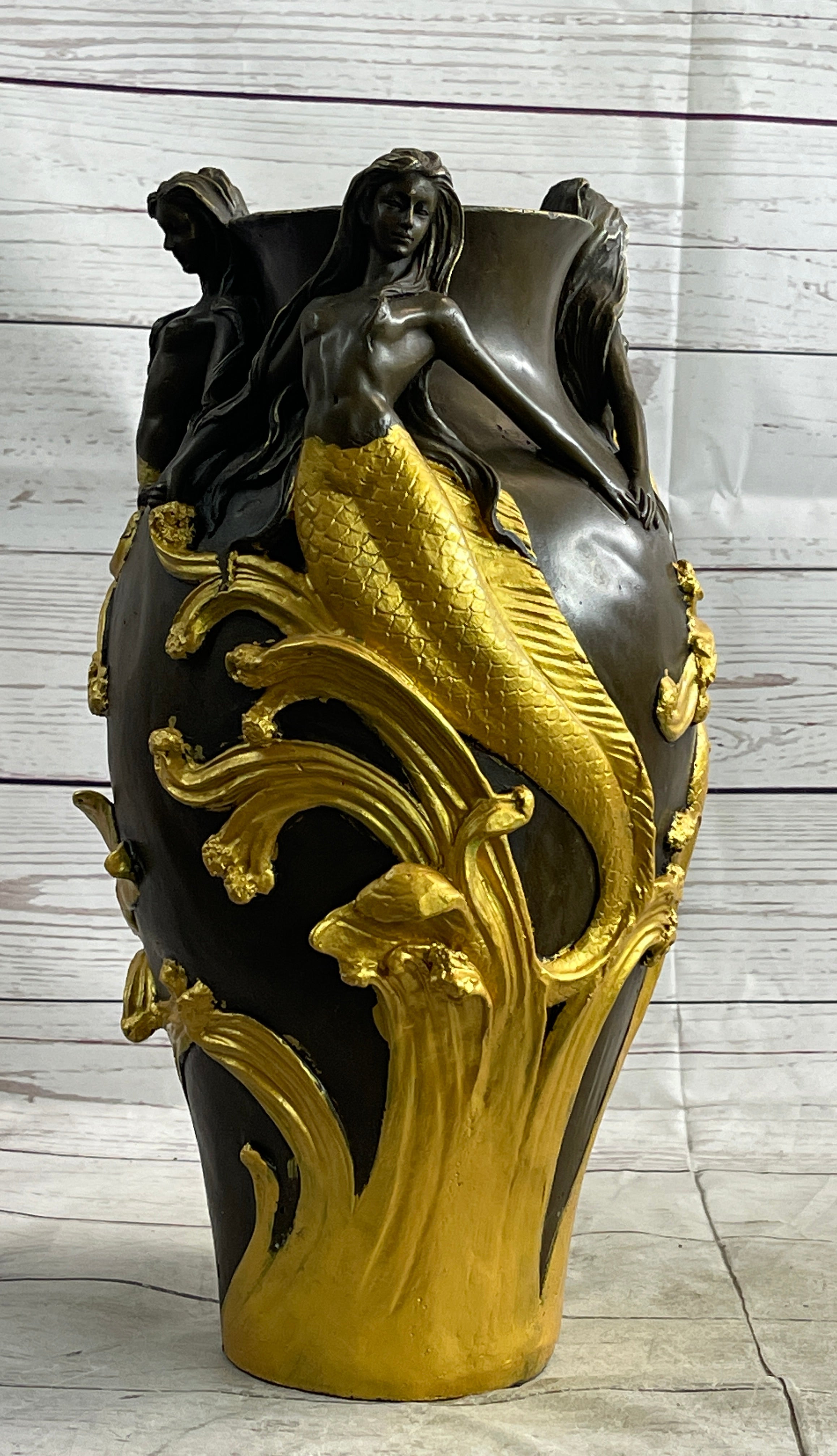 Nude Mermaid Figures on Vase Urn Sculpture Signed Milo