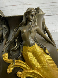 Nude Mermaid Figures on Vase Urn Sculpture Signed Milo