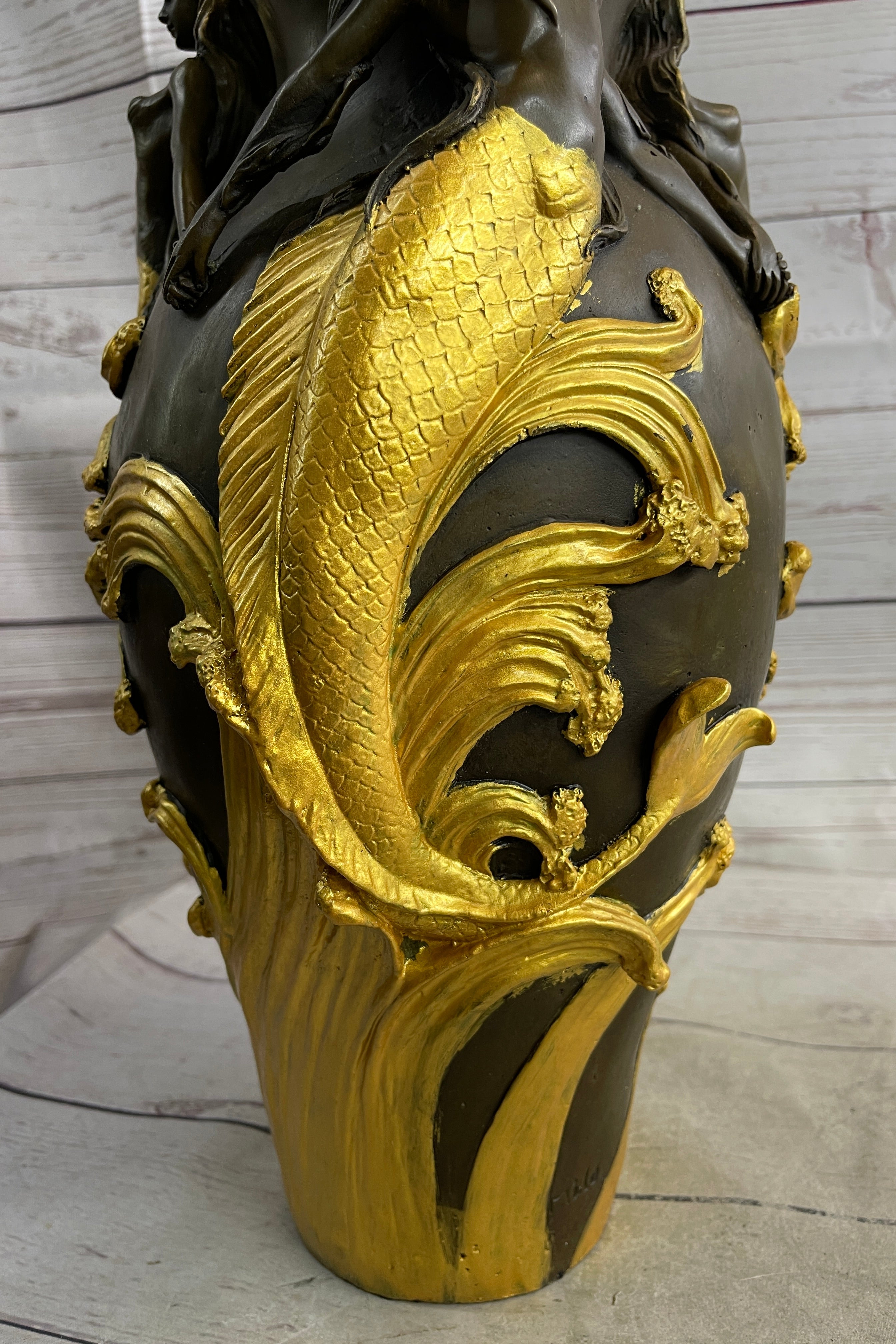 Nude Mermaid Figures on Vase Urn Sculpture Signed Milo