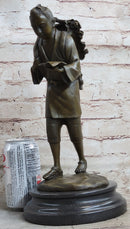 Japanese Scholar Bronze with Backpack - Vintage Young Boy Reading
