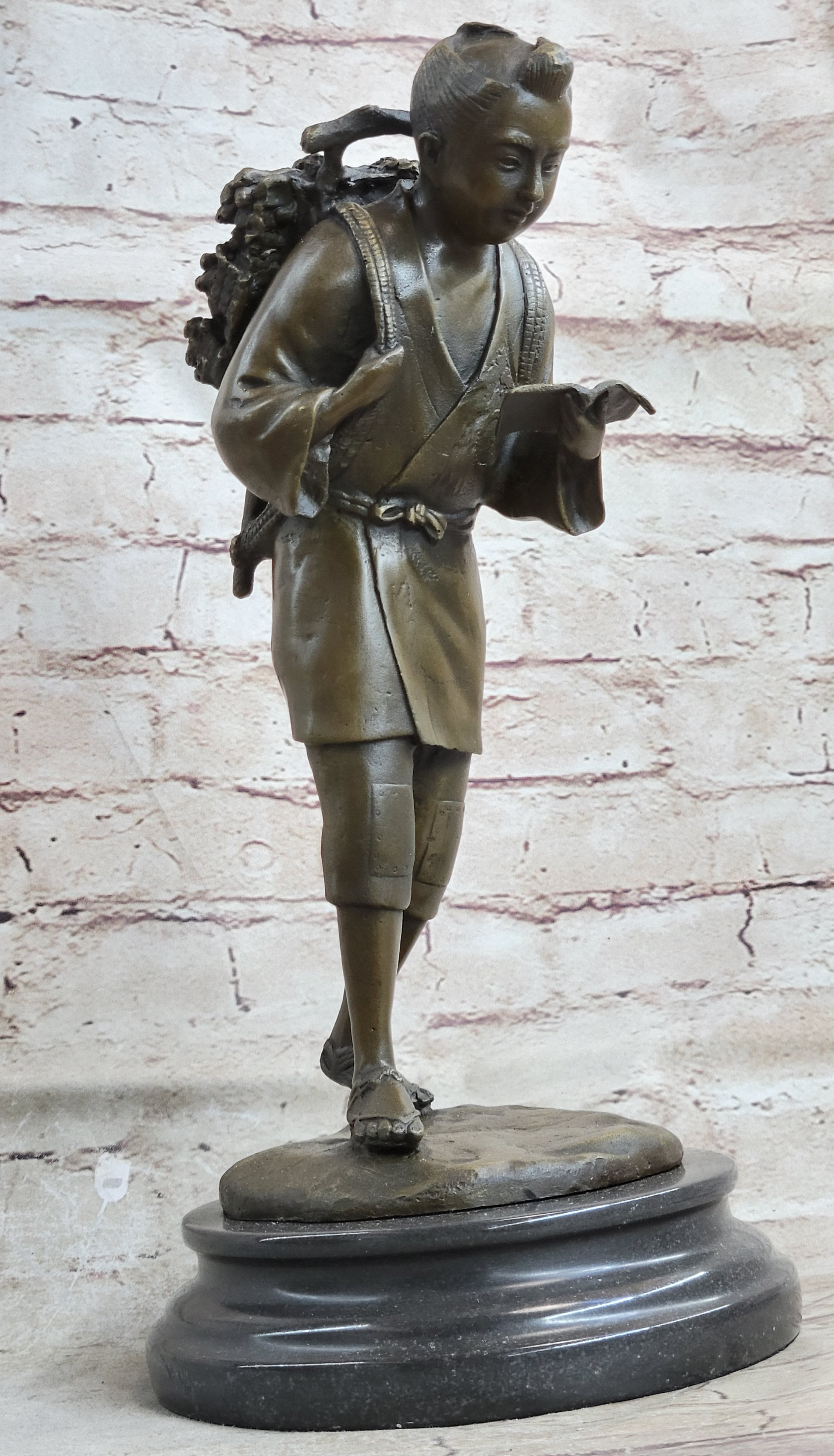 Japanese Scholar Bronze with Backpack - Vintage Young Boy Reading