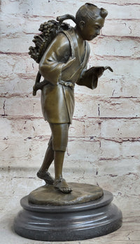 Japanese Scholar Bronze with Backpack - Vintage Young Boy Reading