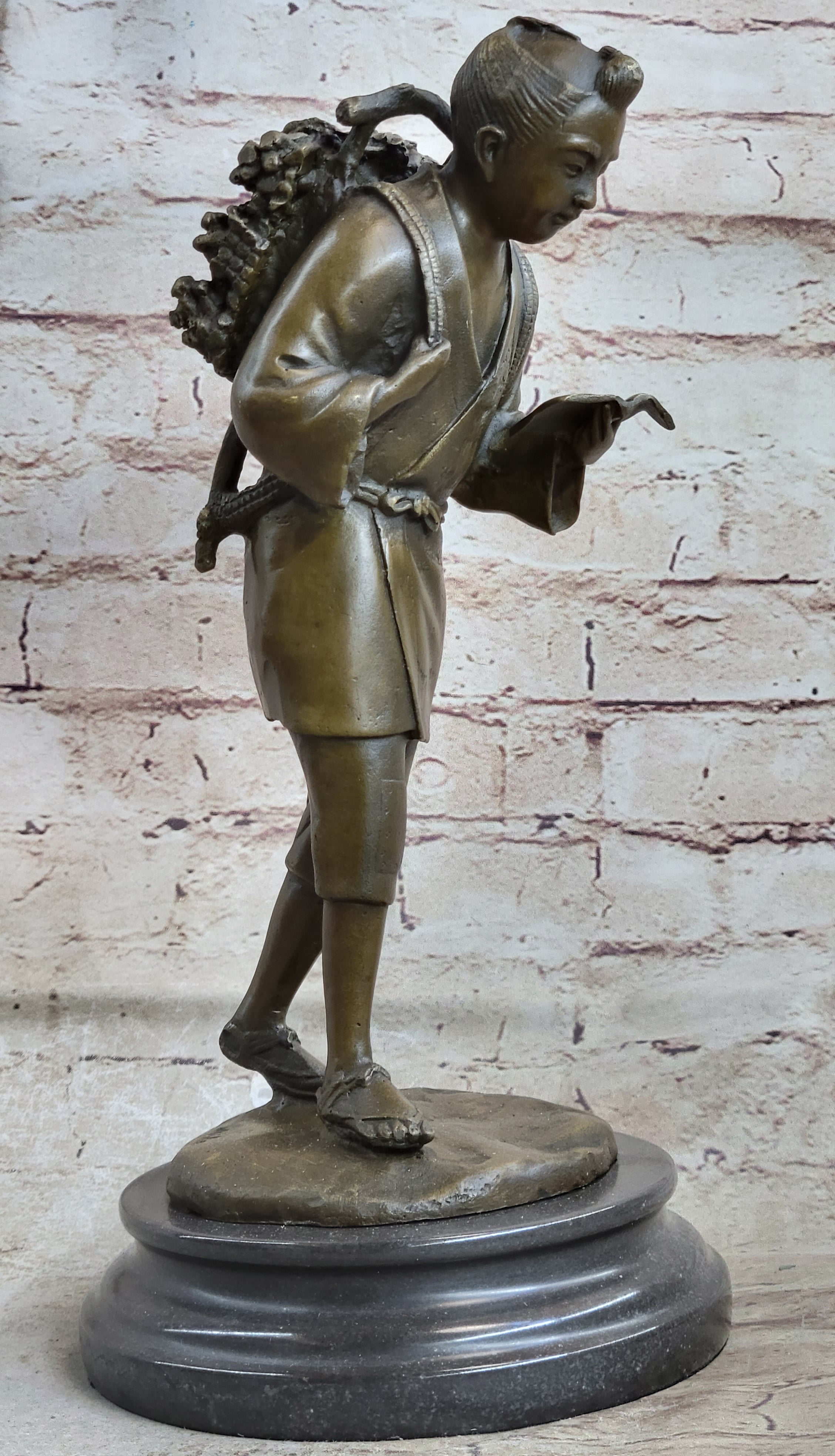 Japanese Scholar Bronze with Backpack - Vintage Young Boy Reading