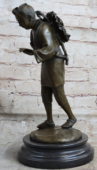 Japanese Scholar Bronze with Backpack - Vintage Young Boy Reading