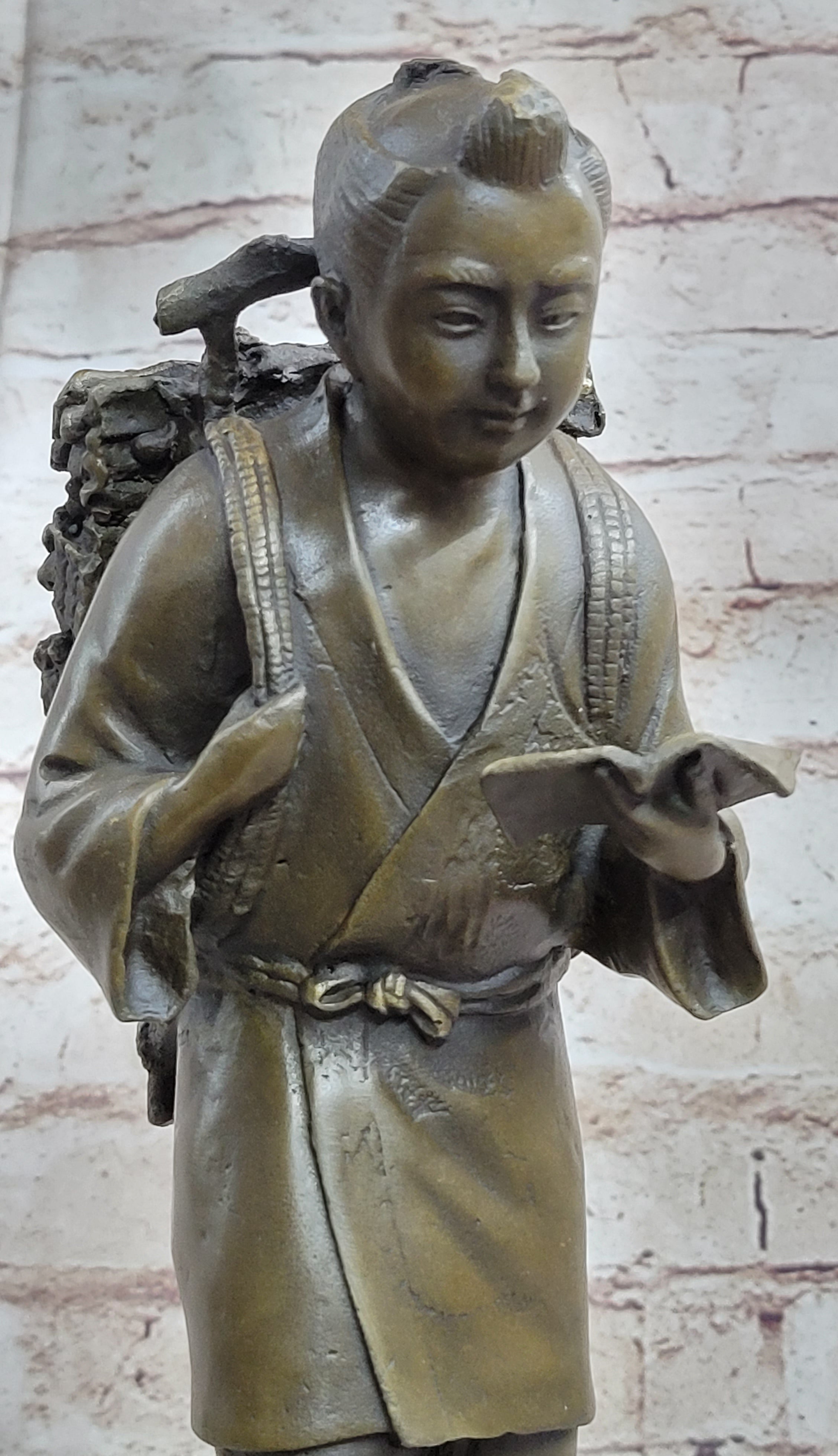 Japanese Scholar Bronze with Backpack - Vintage Young Boy Reading